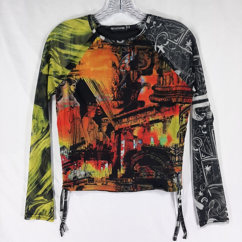 PrettyLittleThing Mesh Multi Print Renaissance Graphic‎ Cinch Side Top Size 10